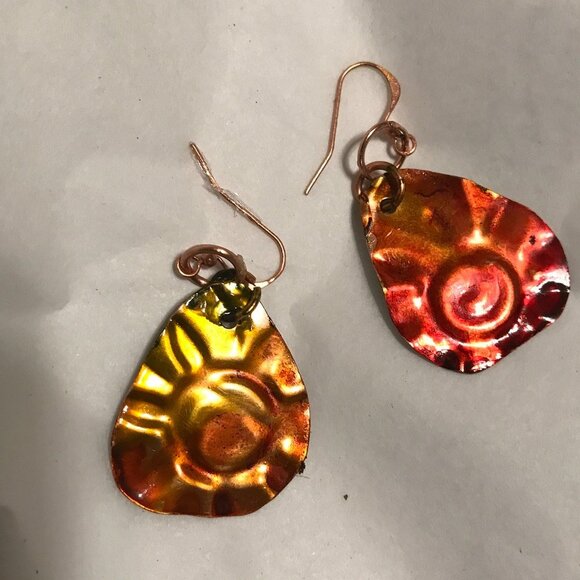 Handmade Colorful Floral Solid Copper Earrings Boho Festival Gift Cute Artsy Dan - Picture 7 of 7